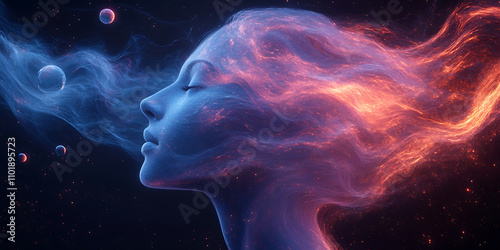 Dissolving abstract human form merges into blue and purple gradients, with neon streams weaving through floating orbs, representing dreams, meditation, and transcendence beyond.