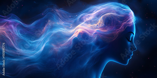 Fading human silhouette dissolves into swirling blue and purple gradients, with neon consciousness flowing through abstract curves and orbs, representing meditative calm and universal hope.