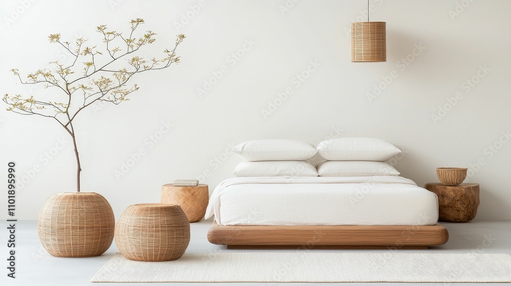 interior design zen accents concept, A serene bedroom featuring a wooden bed, decorative plant, and stylish round furniture, all set against a clean, minimalist backdrop. interior design zen accents concept, A serene bedroom featuring a wooden bed, decorative plant, and stylish round furniture, all set against a clean, minimalist backdrop.