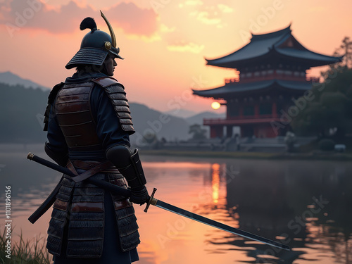 A samurai looking at the japan temple in the evening photo