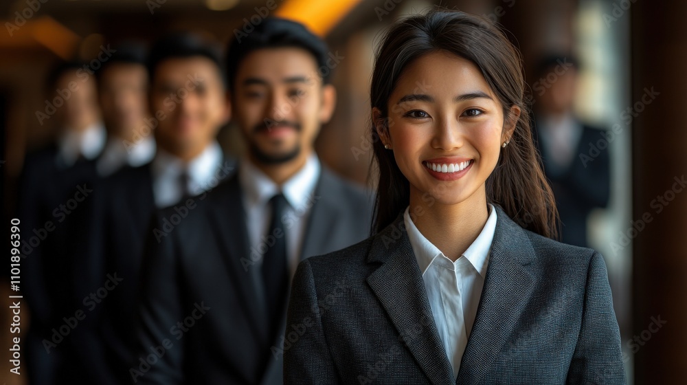 A group of professionals in formal attire, with a smiling woman in front, conveying teamwork. A group of professionals in formal attire, with a smiling woman in front, conveying teamwork.