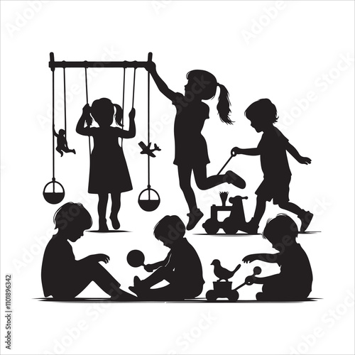 Childs playing silhouette vector. Kids outdoor activity vector. Children jumping silhouette illustration
