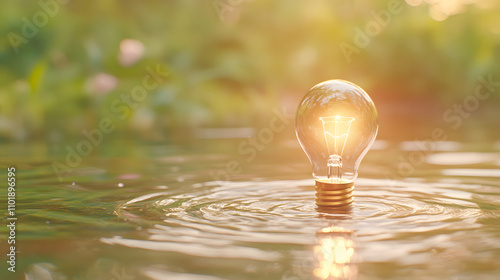 light bulb submerged halfway in water, glowing softly with warm light, creates serene and tranquil atmosphere. surrounding greenery enhances peaceful scene