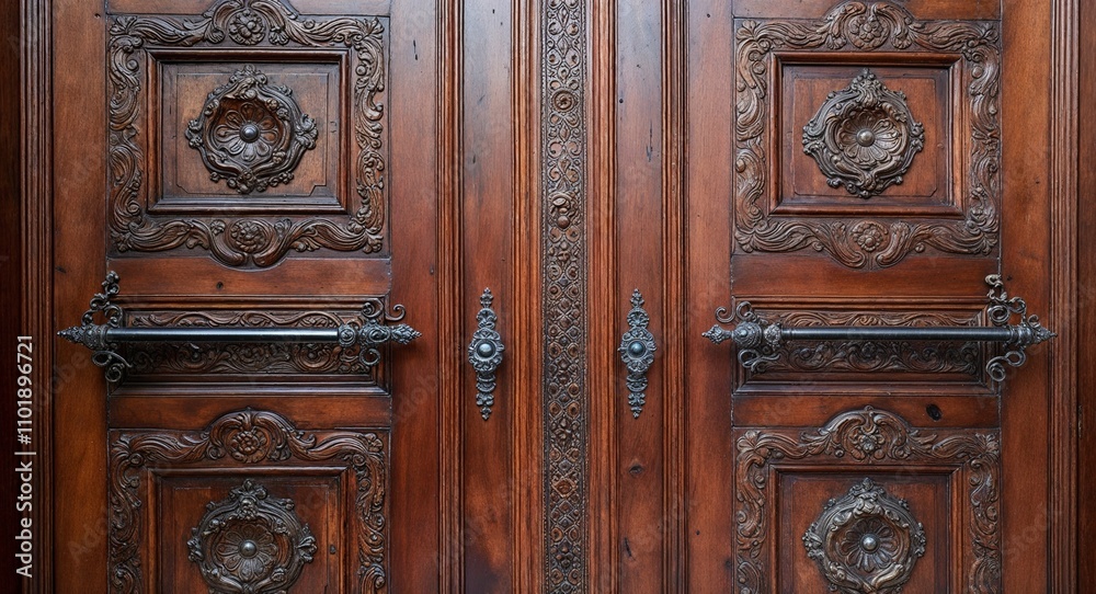 Ornate wooden doors with intricate carvings and detailed metal handles Ornate wooden doors with intricate carvings and detailed metal handles