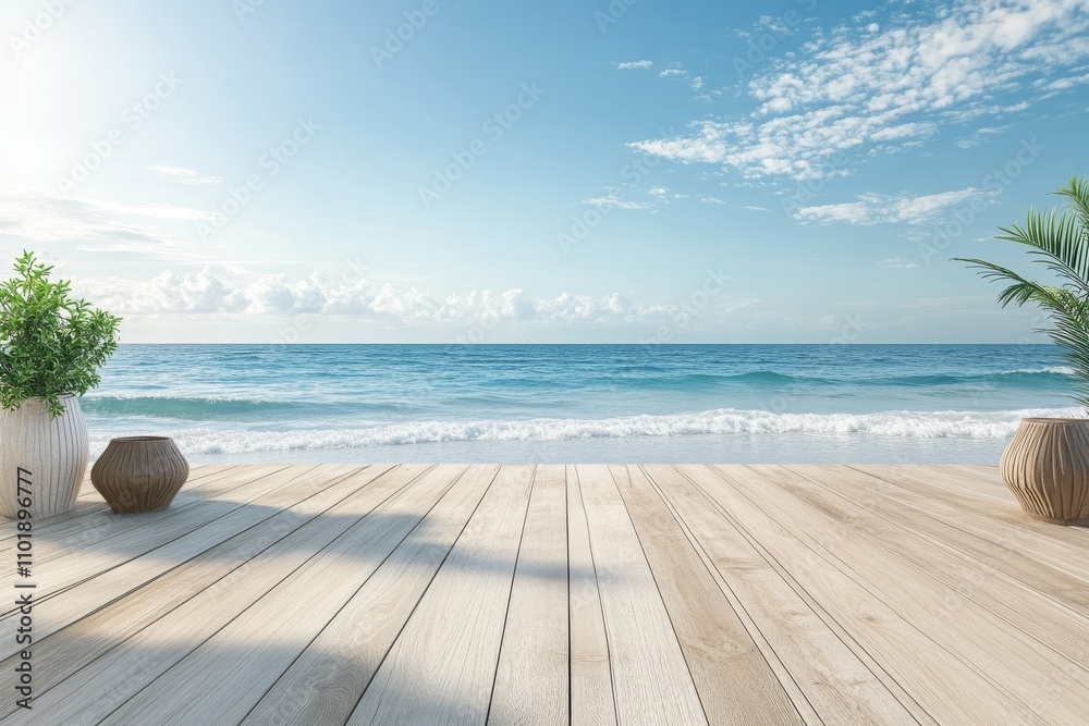 Fototapeta premium Waterfront Sea Shoreline with Wooden Deck Texture and Calm Water Waves