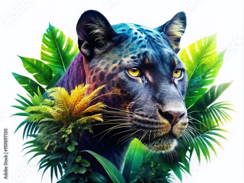 Striking Double Exposure Panther Head Logo Featuring Nature Elements, Ideal for Branding and Graphic Design Projects, Symbolizing Strength and Elegance in Modern Aesthetics photo