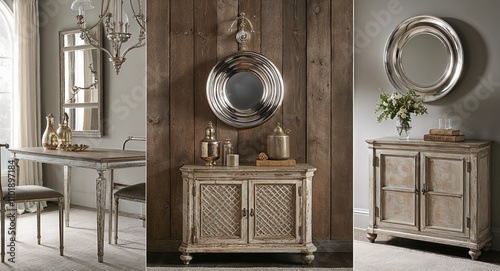 Polished metal accents paired with distressed wood and vintage charm