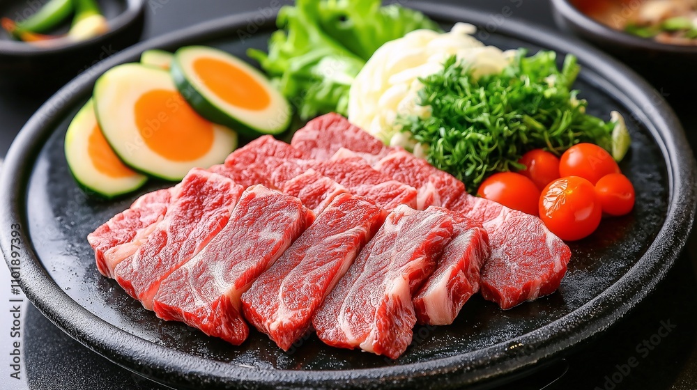 Perfectly Marbled Beef Slices Accompanied by Fresh Vegetables on a Black Platter for Gourmet Cooking and Culinary Presentation Ideas