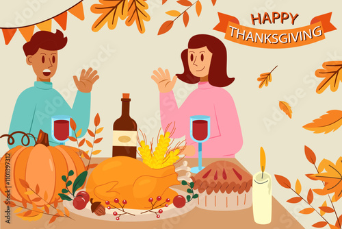 Happy thanksgiving day flat concept. Family celebrating Thanksgiving day and eating delicious food together. Delicious traditional holiday dishes on plates. Characters eat food to the festive table