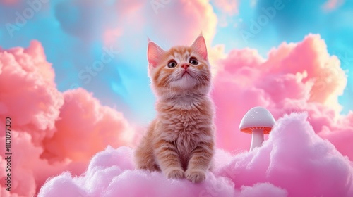 Curious Kitten Sitting Amidst Vibrant Pastel Clouds in Dreamy Celestial Landscape