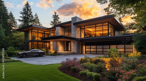 Modern Architectural Masterpiece Showcases Stunning Design at Sunset in a Serene Garden Setting Surrounded by Lush Trees