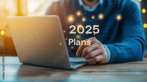 Business professional planning for the new year ahead, focusing on objectives and strategies for 2025 with laptop on a wooden table and soft bokeh lights in the background.