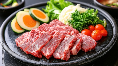 Perfectly Marbled Beef Slices Accompanied by Fresh Vegetables on a Black Platter for Gourmet Cooking and Culinary Presentation Ideas