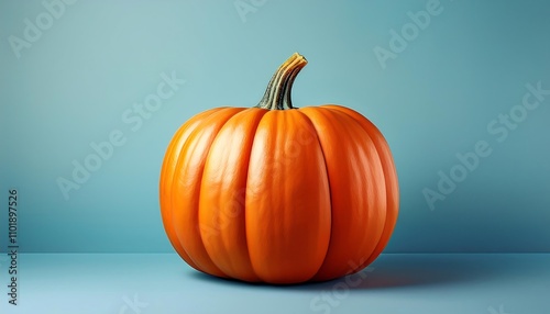  A large orange pumpkin sits alone on a soft pastel blue surface with plenty of empty sp_1(379)