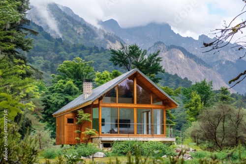 A modern wooden cabin nestled in a lush green valley, majestic mountains in the background.