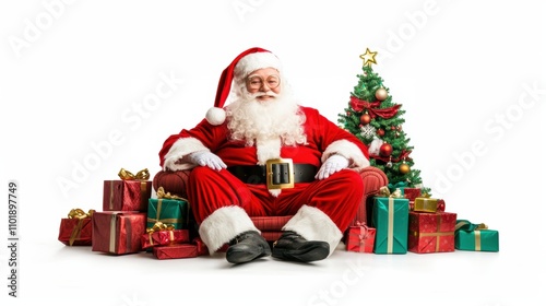 Santa rest sitting in arm chair with gift boxes