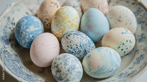 A vintage inspired bowl filled with intricately marbled Easter eggs in blue, orange, and pink hues photo