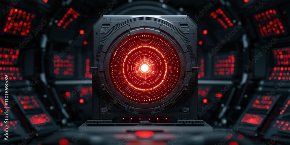 A futuristic control center featuring a glowing red orb surrounded by intricate machinery and digital displays. A futuristic control center featuring a glowing red orb surrounded by intricate machinery and digital displays.