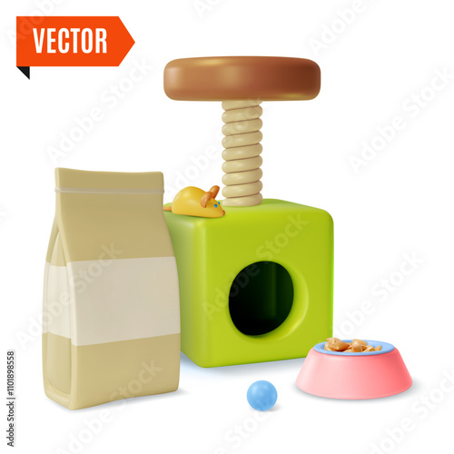 3d Pet Shop Concept Cat House Tower which Scratching Post, Plate and Toys Cartoon Design Style. Vector illustration