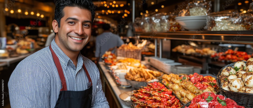 Smiling Chef in Restaurant Kitchen with Appetizers. Smiling Chef in Restaurant Kitchen with Appetizers.