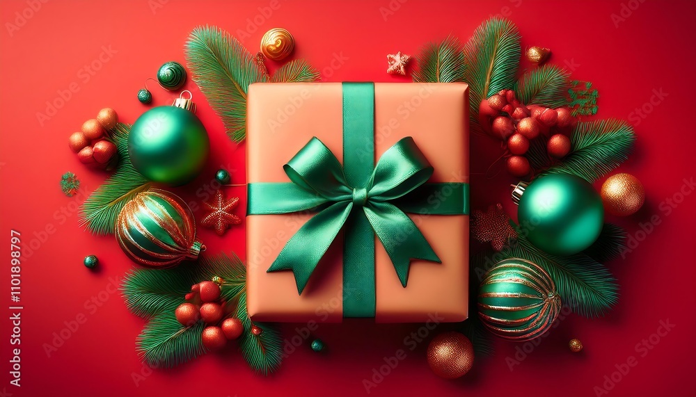  A holiday gift wrapped in green ribbon and surrounded by ornaments on a vibrant red surface_1(363)
