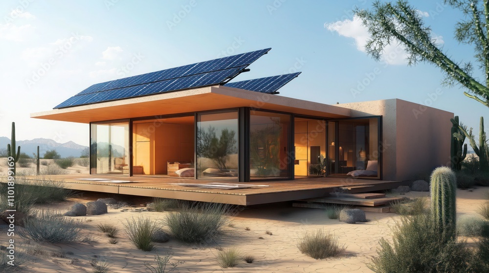 Modern desert home with solar panels, sustainable living Modern desert home with solar panels, sustainable living