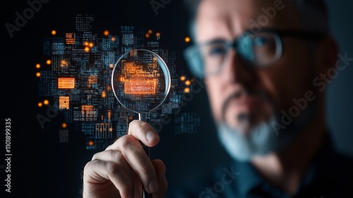 Exploring Intellectual Property: A Creative Professional Holds a Magnifying Glass Over Digital Circuitry Symbols Representing Copyright and Patent Concepts