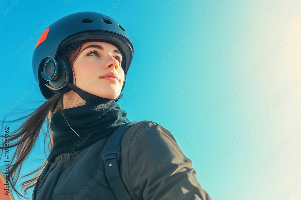 Young Woman in Sports Helmet Looking Upward with a Bright Blue Sky in the Background, Capturing the Spirit of Adventure and Outdoor Activities Young Woman in Sports Helmet Looking Upward with a Bright Blue Sky in the Background, Capturing the Spirit of Adventure and Outdoor Activities