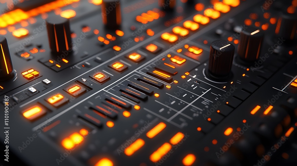 Audio mixer console photographed in dramatic orange lighting, showing detailed faders and knobs of professional DJ equipment with black metallic texture and technical details. Audio mixer console photographed in dramatic orange lighting, showing detailed faders and knobs of professional DJ equipment with black metallic texture and technical details.