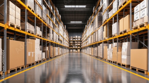 Modern warehouse featuring transparent floors  orderly layouts  and minimalistic architecture under natural lighting
