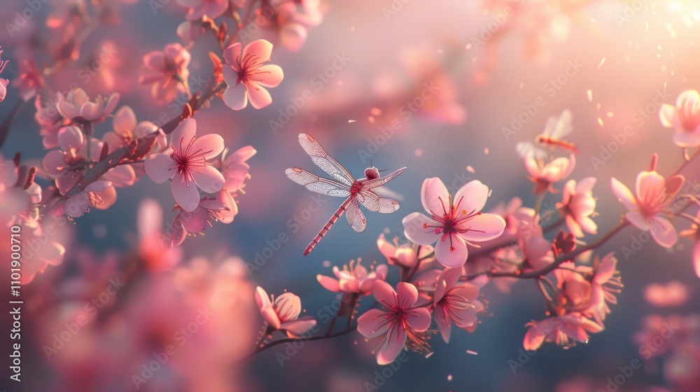 Delicate and vibrant cherry blossom flowers in soft focus with a graceful dragonfly hovering amidst the blooms creating a captivating and serene springtime scene Delicate and vibrant cherry blossom flowers in soft focus with a graceful dragonfly hovering amidst the blooms creating a captivating and serene springtime scene