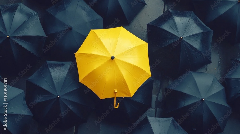 A Striking Yellow Umbrella Amidst a Sea of Dark Umbrellas in the Rain A Striking Yellow Umbrella Amidst a Sea of Dark Umbrellas in the Rain