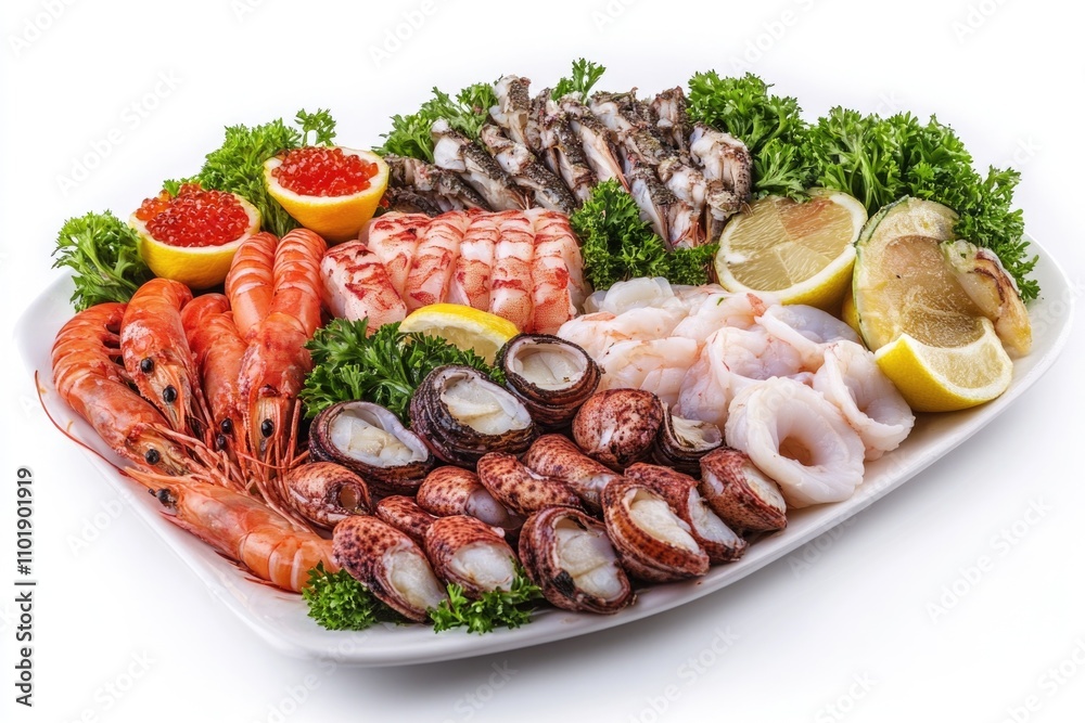 A platter filled with various seafood including shrimp