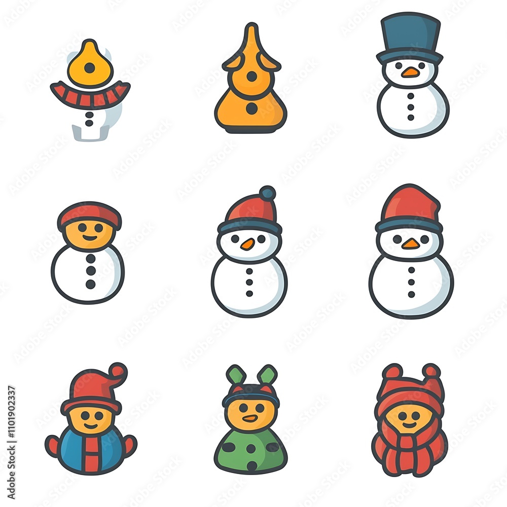 Adorable Snowman Icons: A collection of charming snowman illustrations, perfect for winter holidays, greeting cards, or festive designs.  
