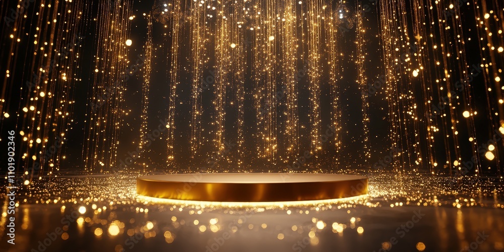 Obraz premium Empty Golden Podium Surrounded by Shimmering Lights in Scene