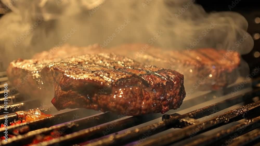 A perfectly cooked steak on the grill captures the essence of summer barbecues, as smoke rises and enhances the delicious aroma in the backyard setting.