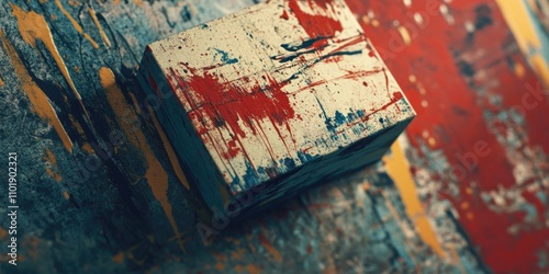 A small red and white box sits on top of a wooden table, ready to be opened or used for storage