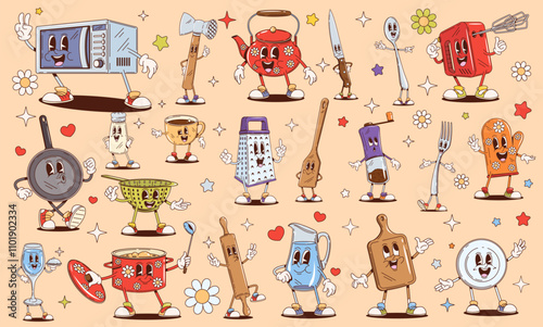 Retro cartoon groovy kitchenware, dishware and utensils characters. Psychedelic hippie kitchen tool vector personages, cooking pot, spoon, fork and knife. Funky cup, grater and glass groovy characters