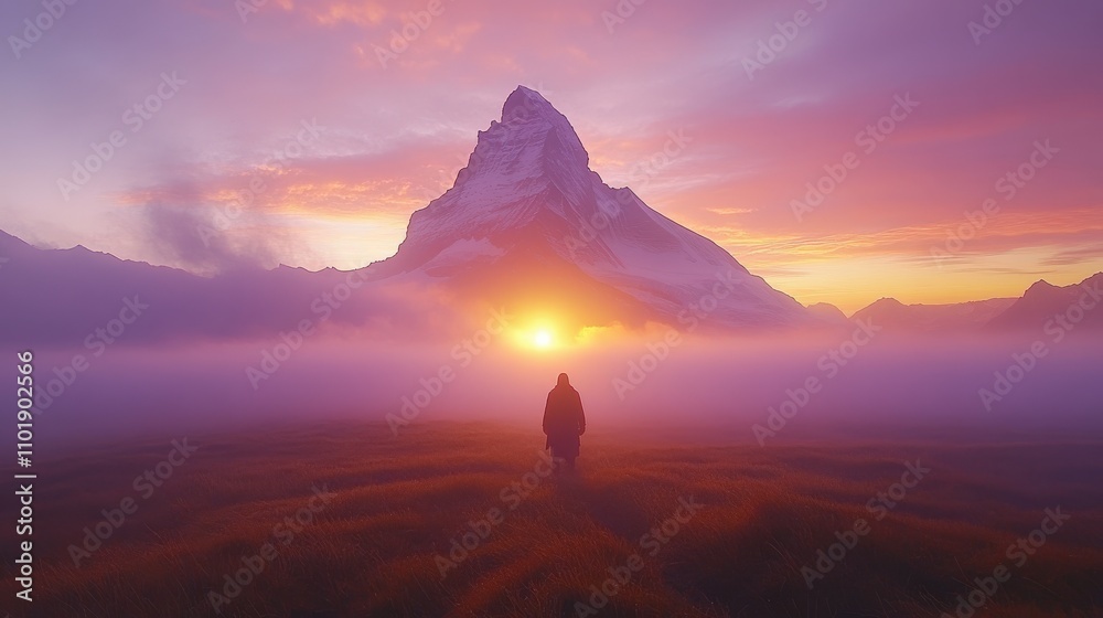 A person stands in a misty landscape, gazing at a majestic mountain during sunset.