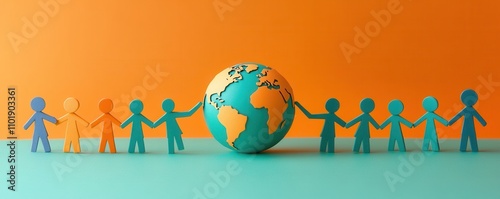 join us paper concept Colorful paper figures holding hands around a globe on a vibrant background.