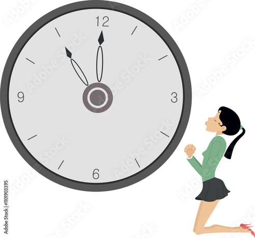 Businesswoman. Time concept. Deadline. 
Businesswoman praying on the knees to the clock. Pushing back hour concept
