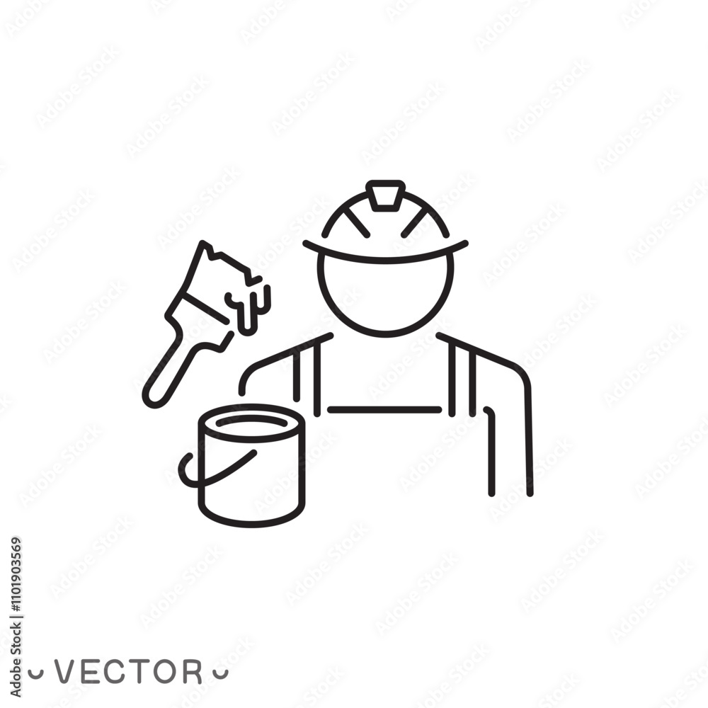 paint worker, paintbrush with paint bucket, man painting, thin line symbol isolated on white background, editable stroke eps 10 vector illustration paint worker, paintbrush with paint bucket, man painting, thin line symbol isolated on white background, editable stroke eps 10 vector illustration