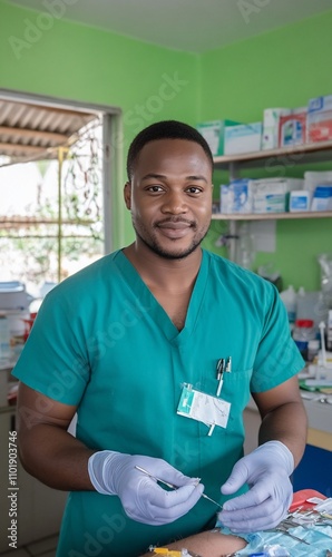 Smiling male doctor preparing for a medical procedure.