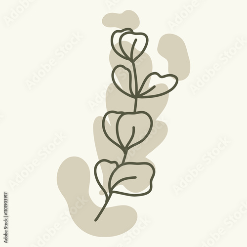 A minimalist line drawing of a plant with leaves on a soft background.