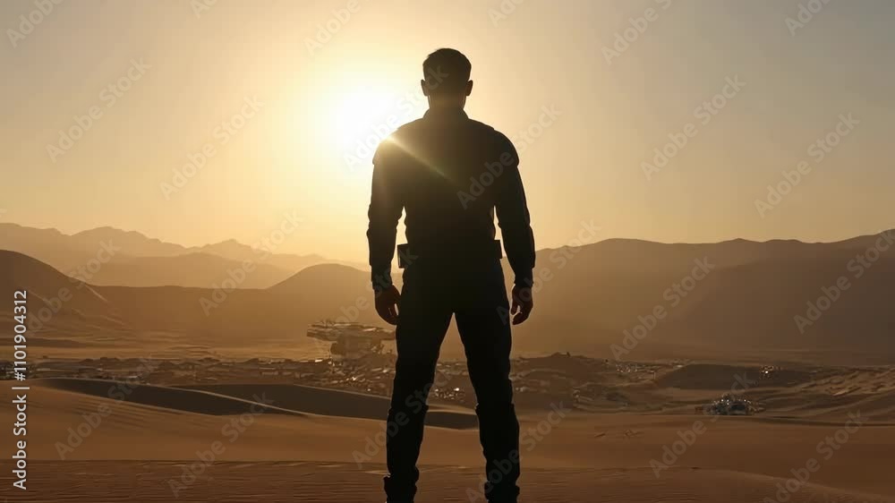 Person stands silhouetted against a sunset in a desert landscape, capturing a moment of solitude and reflection in nature Person stands silhouetted against a sunset in a desert landscape, capturing a moment of solitude and reflection in nature