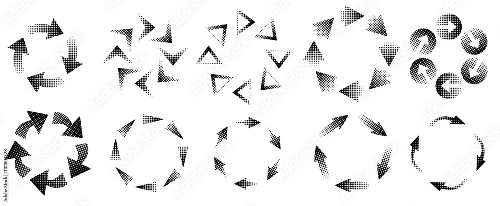 set of arrows with radial circle texture, model variation in halftone style. Vector arrow illustrations set of arrows with radial circle texture, model variation in halftone style. Vector arrow illustrations