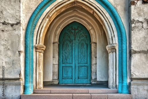 An old stone building with a blue door, perfect for historical or vintage-themed projects