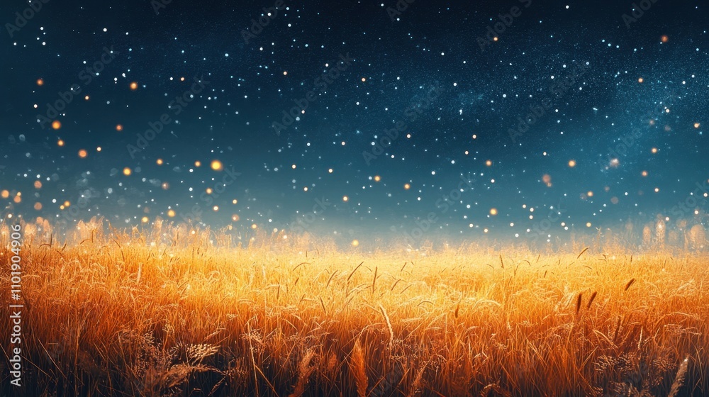 Starry night above a tranquil winter field, where golden grasses glow softly under the light of falling stars Starry night above a tranquil winter field, where golden grasses glow softly under the light of falling stars