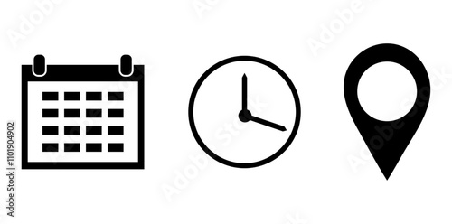 Date, time, location icons isolated on white background
