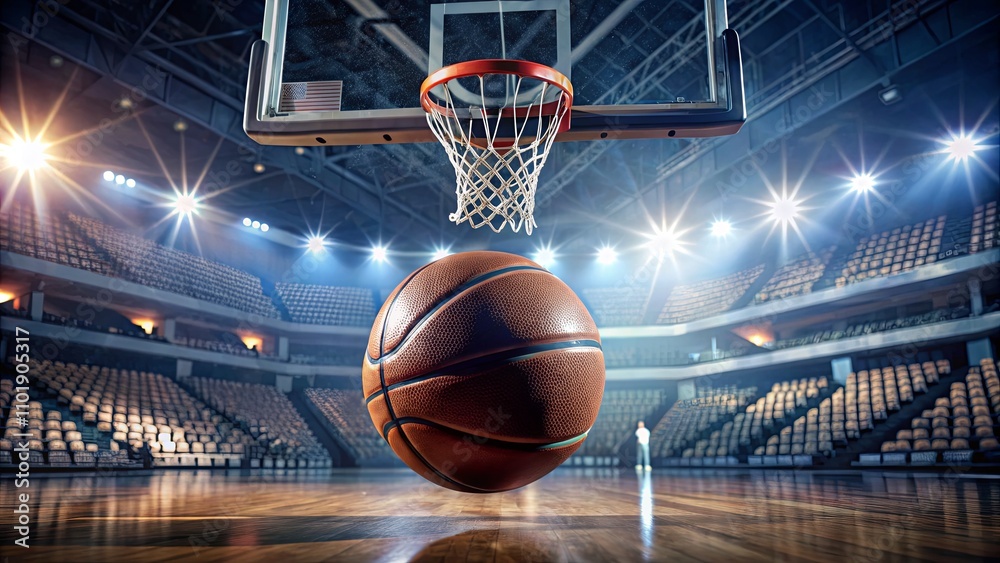 Dynamic Shot of a Basketball in Mid-Air Above a Hoops in a Packed Arena with Bright Lights Creating an Exciting Atmosphere for Sports Fans and Players Dynamic Shot of a Basketball in Mid-Air Above a Hoops in a Packed Arena with Bright Lights Creating an Exciting Atmosphere for Sports Fans and Players